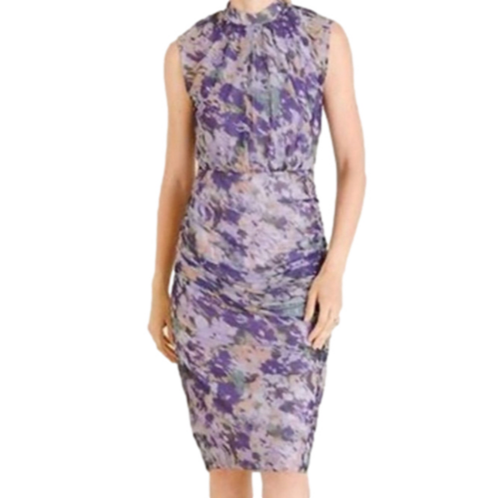 Chicos Ruched Mesh Midi Dress 2 Large 12 14 Purple Stretch Career Church NWT